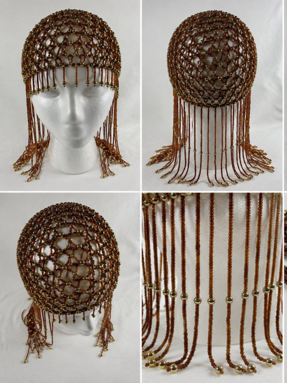 VTG Style Beaded Headpiece Cap Brown Gold Fringe Flapper Boho Festival Costume